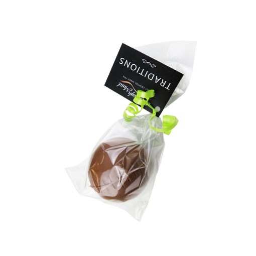 Chocolate cricket ball with a company branded printed tag