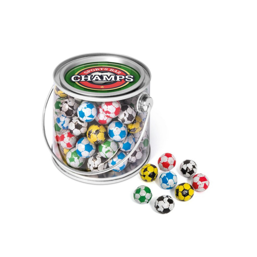 medium bucket filled with chocolate footballs and branded with a label to the lid