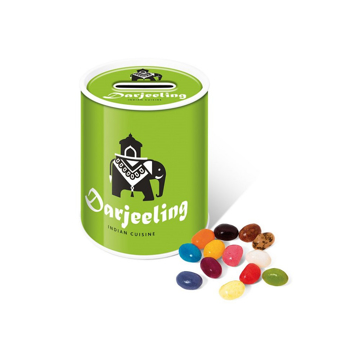 Branded money box tin filled with jelly beans and printed with business logo