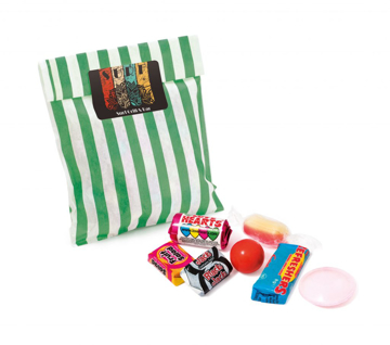 Candy Bag filled with retro sweets and sealed with a printed label