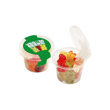 Vegan gummy bears in a mini eco friendly pot with printed label