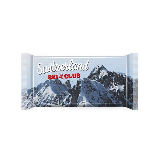 Large 100g bar of swiss chocolate with personalised branded wrapper printed in full colour. 