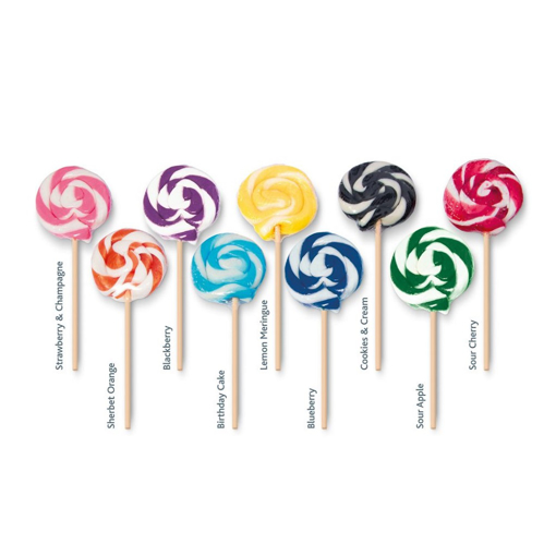 branded lollipops in 9 colour and flavour variations