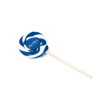 branded lollipop with a blue and white swirl design