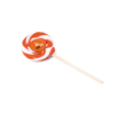 branded lollipop with a orange and white swirl design