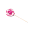 branded lollipop with a pink and white swirl design