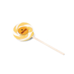 branded lollipop with a yellow and white swirl design