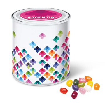 white branded paint tin filled with and next to jelly beans.