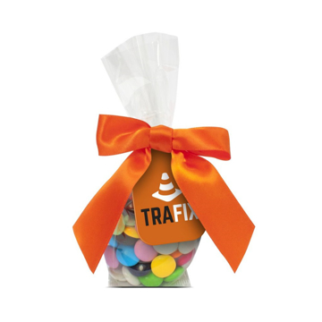 Chocolate beanies in a clear bag tied with ribbon and branded tag