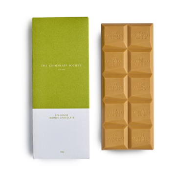 Luxury caramelised white chocolate bar in branded packet