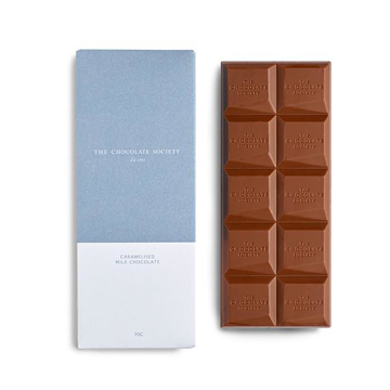 Branded luxury caramelised milk chocolate bar in printed corporate packaging