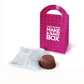A muffin mix kit with pink branded packaging