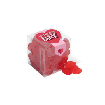 A clear cube of lip shaped sweets with valentines day branding 