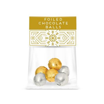 a clear bag of gold and silver foiled chocolate ball, with festive branding.