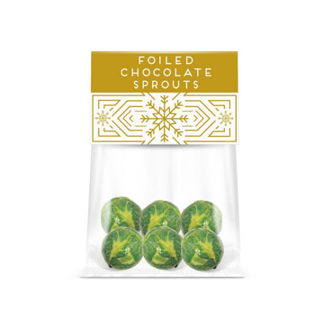 a clear bag of chocolate balls decorated like brussel sprouts