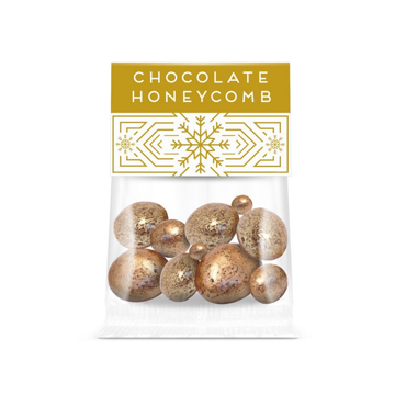 clear bag of promotional chocolate with festive branding