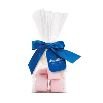 a clear bag of marshmallows with branded ribbon and tag