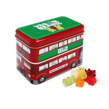 Bus shaped tin filled with vegan gummy bears