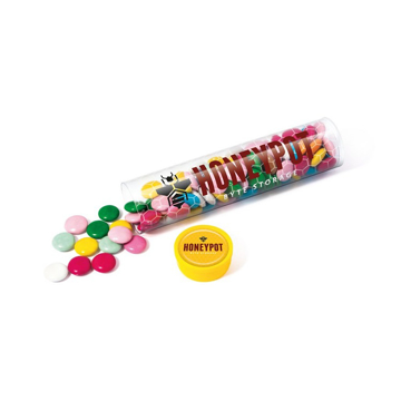 a clear tube of multicoloured chocolate beans with branded label