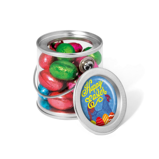Foiled chocolate eggs in mini bucket branded with a personalised sticker. 