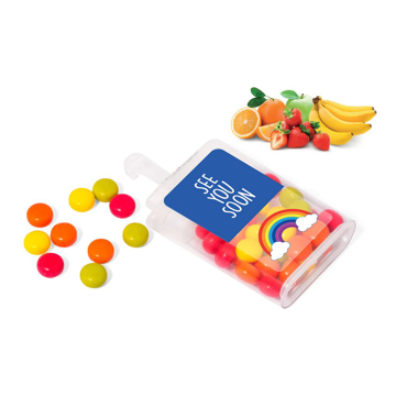 mixed colour fruit drop sweets in small pocket container with printed label