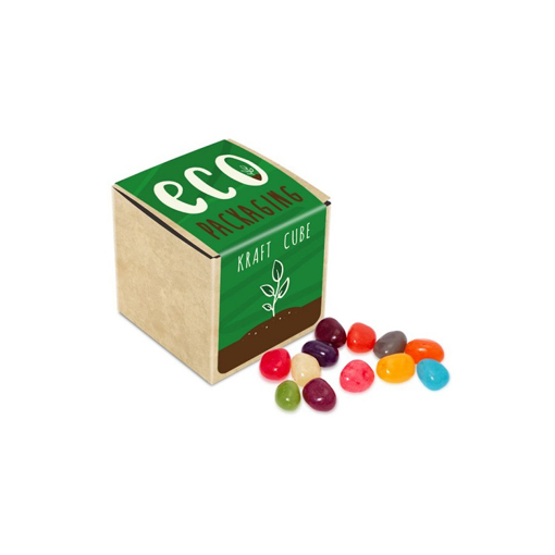a small card cube with eco branding and spilled jelly beans