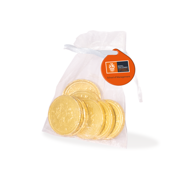 gold chocolate coins, in an organza bag.