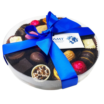 round box of Belgian chocolates tied with a bow and branded label