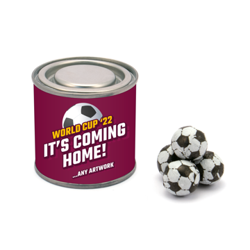 A branded paint tin filled with foil covered chocolate footballs