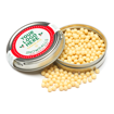 a round caviar tin branded with a peresonalised label and filled with chocolate covered biscuit pearls